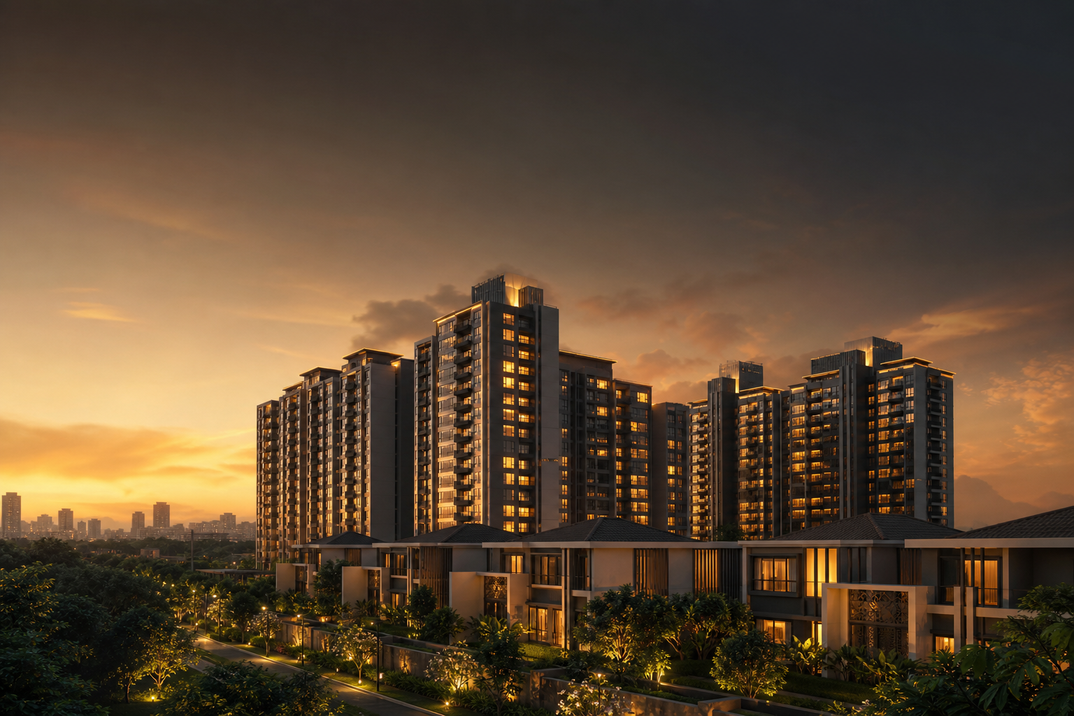 Luxury residential development at golden hour in Nagpur
